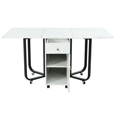 Folding Dining Table 1 Piece With Cupboard And 2 Drawers, Folding Kitchen Utility Table, Space-saving Dining Table With 4 Supporting Legs On Gliders White  Black