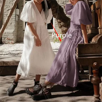 Women's Retro Casual Cotton V-neck Dress