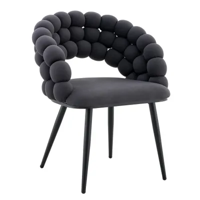 Set Of 2 Gray Puffy Bubble Chair Ball Chain Chair Velvet Dining Chairs With Black Legs, Modern Accent Chairs For Dining Room & Kitchen