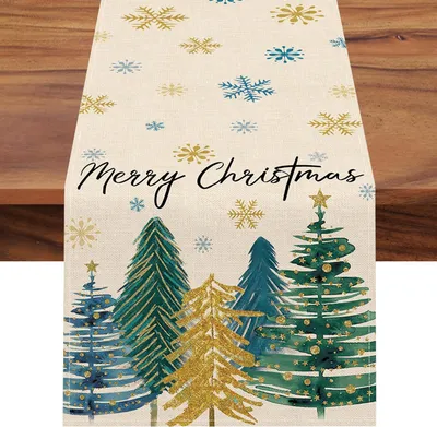 Christmas Trees Merry Xmas Table Runner, Seasonal Winter Holiday Kitchen Dining Table Decoration