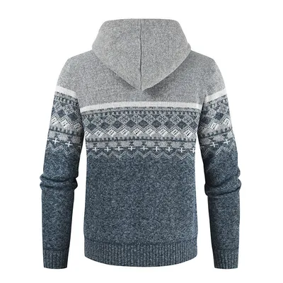 Hooded Plush Sweater Contrast Casual Zipper Knitting
