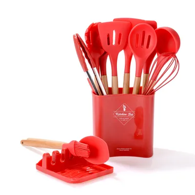 Kitchen Wooden Handle Kitchenware Set With Storage Square Bucket