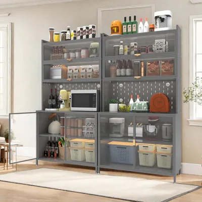 73'' Tall Kitchen Pantry Cabinet , 6 Level Flip Door With Pegboard Spacious, Adjustable & Stylish Metal Pantry Storage Cabinet, Anti-Tip Design Hutch For Kitchen, Dining Room, Living Room Grey