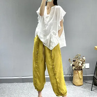 Washed Cotton And Linen Wooden Ear Slimming Tappered Harem Pants For Women