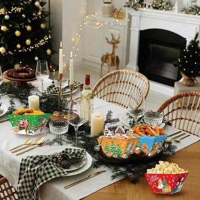 12 PCS Christmas Paper Food Tray Xmas Decorations Christmas Gingerbread Man Disposable Snack Popcorn Bowl Popcorn Containers Boxes For Winter Christmas Party Supplies