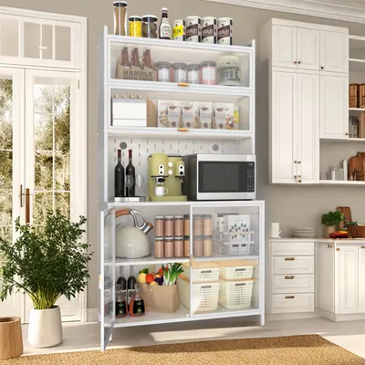 73'' Tall Kitchen Pantry Cabinet , 6 Level Flip Door With Pegboard Metal Pantry Storage Cabinet, Anti-Tip Design Hutch For Kitchen, Dining Room, Living Room White