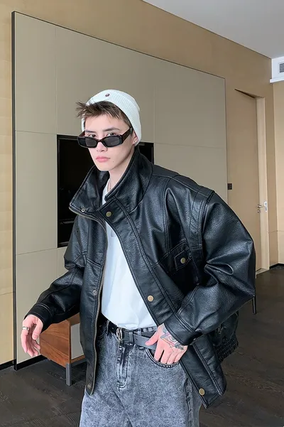 Men's Lychee Leather Retro Motorcycle Leather Jacket