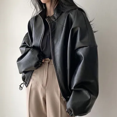 Small Stand Collar Zipper Large Pocket Drawstring Lace Leather Coat Women