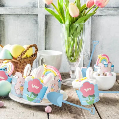 Cute Cupcake Liners Wrappers With Plastic Spoons Bunny Flower Pattern Paper Baking Cup Scalloped Edge Cupcake Muffin Cases For Easter Spring Birthday Wedding Holiday Party Supplies
