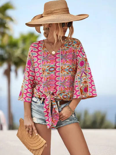 European And American V-neck Lace Up Irregular Top
