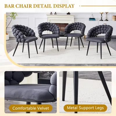 Set Of 2 Gray Puffy Bubble Chair Ball Chain Chair Velvet Dining Chairs With Black Legs, Modern Accent Chairs For Dining Room & Kitchen
