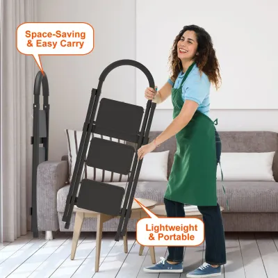 3-Step Folding Ladder, 330lbs Load Capacity, Lightweight 6.94lbs With 1.57in Folding Width,