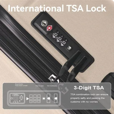 طقم حقائب سفر من مادة ABS الصلبة، 3 قطع، حقائب سفر خفيفة الوزن ومتينة بعجلات دوارة وقفل TSA، متوفرة بمقاسات 20 و24 و28 بوصة، لون بيج.