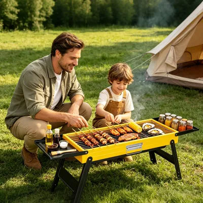 1Pc Portable Folding Charcoal Grill Stainless Steel Camping BBQ Grill With Side Panels Compact Tabletop Barbecue Grill With Carry Handle For Picnic Beach Travel
