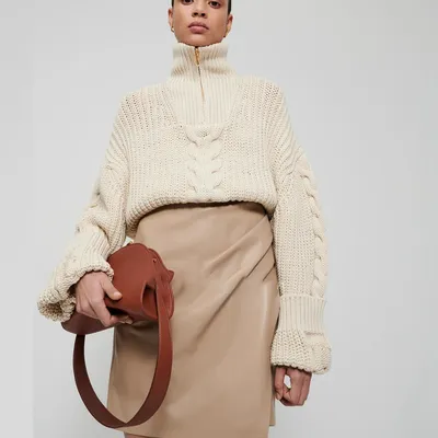High-necked Long-sleeved Crop Top Ribbed Sweater