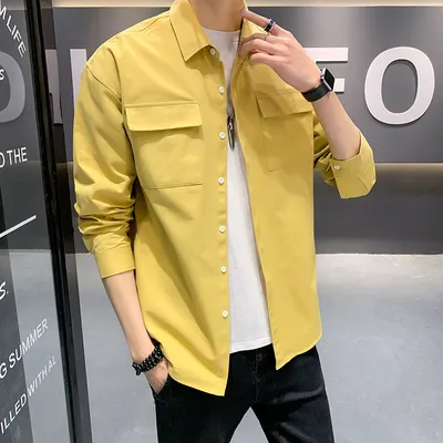 Solid Color Fashion Men's Long-sleeved Loose Two-pocket Shirt