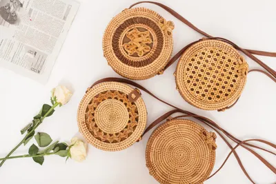 Natural PU small round straw bag