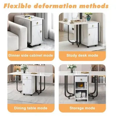 Folding Dining Table 1 Piece With Cupboard And 2 Drawers, Folding Kitchen Utility Table, Space-saving Dining Table With 4 Supporting Legs On Gliders White  Black