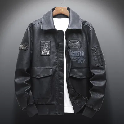 Men's Leather Jacket With Lapel PU Embroidered Leather