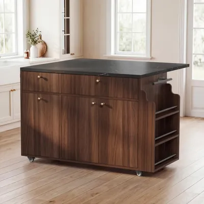 Kitchen Island With Storage Rolling Kitchen Island Cart With Drop Leaf Extension, Black Marble Top, Drawers, Spice Rack, Towel Bar, Mobile Kitchen Cart For Kitchen & Dining Room