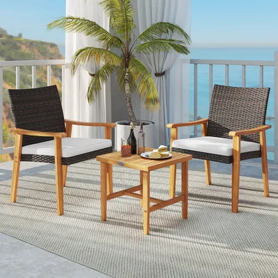 3 Pieces Patio PE Wicker Furniture Set Acacia Wood Outdoor Conversation Bistro Set