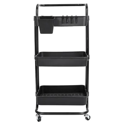 Black-White Color Options 1Pc 3 Tier Rolling Utility Cart Movable Storage Organizer With Mesh Baskets Lockable Wheels 360 Degree Rotatable Hanging Box Hooks Bedroom Bathroom Kitchen