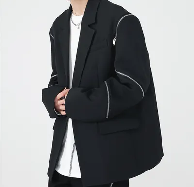 Men's Zippered Sleeve Splicing Black Suit