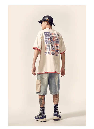 Men's distressed stitching loose denim shorts