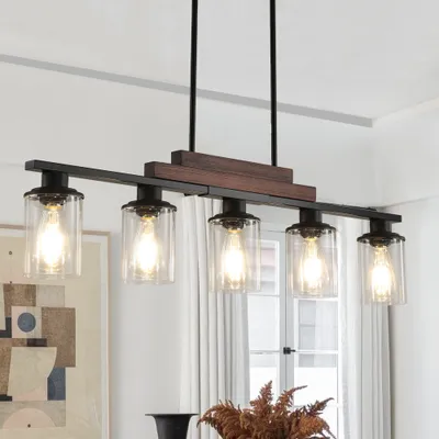 37  Farmhouse Industrial 5-Light Kitchen Island Pendant Light, Metal Wood Chandelier With Clear Glass Shades, Adjustable Height Hanging Fixture For Dining Room, Living Room, Kitchen  No Bulbs