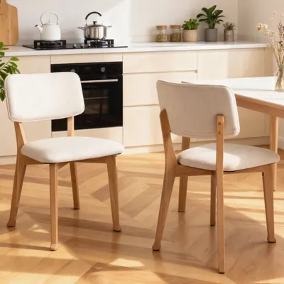Wooden Dining Chairs Set Of 2, Mid Century Modern Kitchen Chairs With Fabric Upholstered And Curved Backrest For Dining Room Restaurant Or Cafe 300LBS Capacity, Natural
