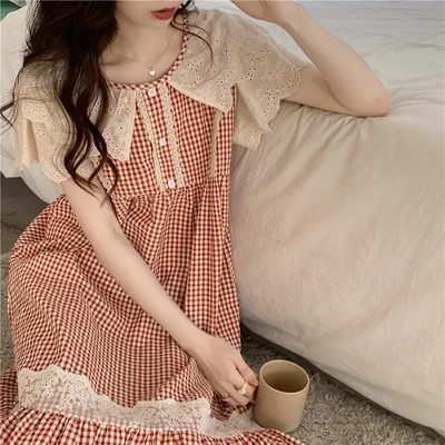 Lace Sweet Lace Princess Plaid Outerwear Nightdress For Women