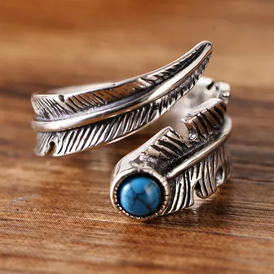925 Sterling Silver Vintage Inlaid Artificial Turquoise Leaf Couple Silver Ring