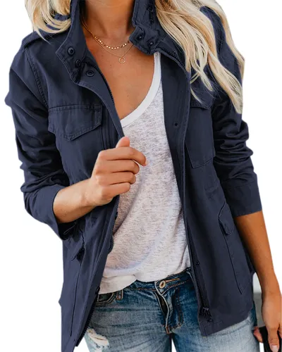Fashion Ladies Solid Color Lapel Zipper Short Jacket Casual Pocket Button Decoration Top