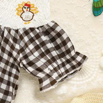 Infant Baby Girls Thanksgiving Dress Turkey Print Casual Short Sleeve Plaid Party Costume Dresses