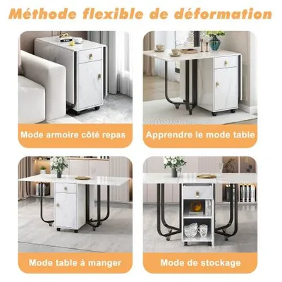 Folding Dining Table 1 Piece With Cupboard And 2 Drawers, Folding Kitchen Utility Table, Space-saving Dining Table With 4 Supporting Legs On Gliders White  Black