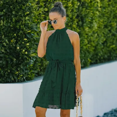 Jacquard Cutout Skirt Halterneck Chiffon Dress