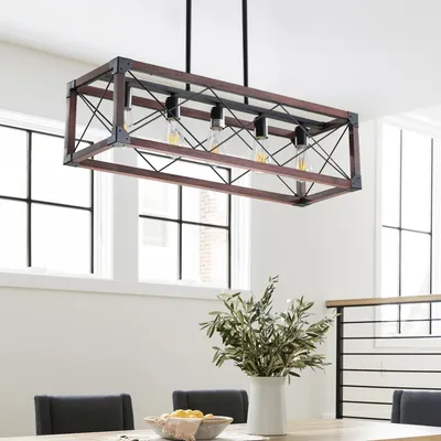 32in  Red Wood Industrial Farmhouse Rectangle Pendant Light, 5-Light Chandelier For Dining Room, Kitchen Island, Cafe Decor  No Bulbs