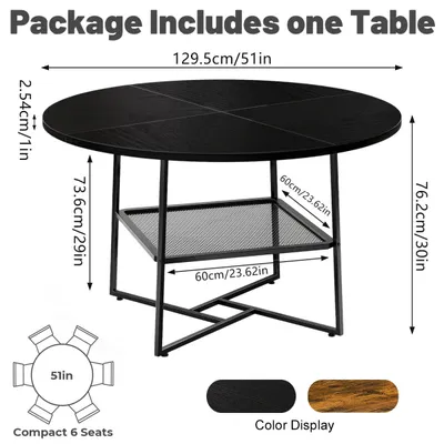 51'' Round Dining Table For 4-6  Black Wooden Dining Room Table With Storage Shelf Space Saving Circle Dinner Table With Metal Legs For Kitchen Living Room Dining Restaurant Furniture