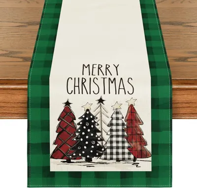 Christmas Trees Merry Xmas Table Runner, Seasonal Winter Holiday Kitchen Dining Table Decoration