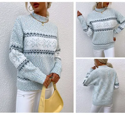 Winter Snowflake Sweater Fashion Half Turtleneck Pullover Knitted Tops Women's Christmas Clothing