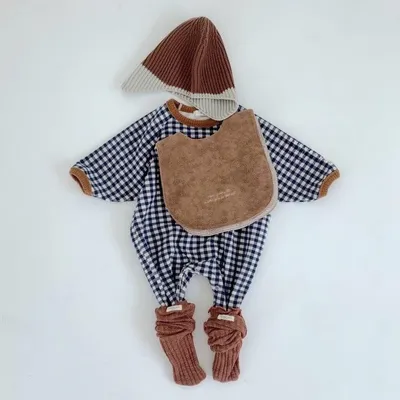 Baby Plaid Contrast Color Romper Long-sleeved Thickened Jumpsuit