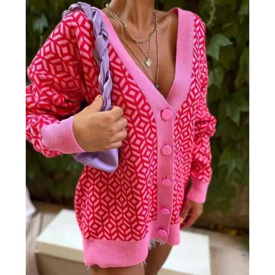 Fashion V-Neck Cardigan Long Sleeve Women's Knit Jacquard Sweater