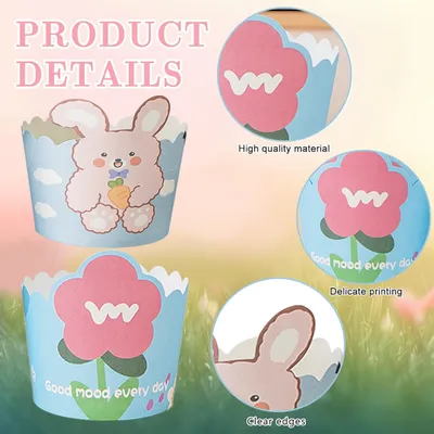 Cute Cupcake Liners Wrappers With Plastic Spoons Bunny Flower Pattern Paper Baking Cup Scalloped Edge Cupcake Muffin Cases For Easter Spring Birthday Wedding Holiday Party Supplies