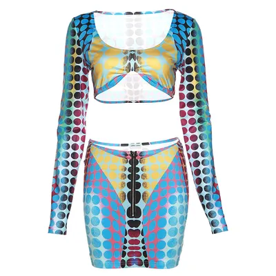 Women's Low Collar Digital Printing Long Sleeve Slim Casual Skirt Outfit