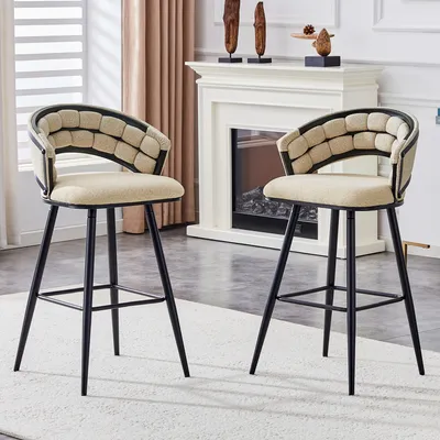 Set Of 2 Beige Chenille Bar Stools With Black Iron Legs, Modern Kitchen Island Counter Height Stools
