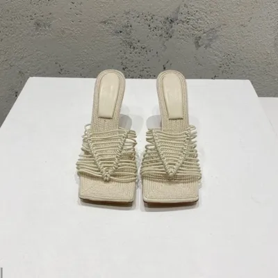 Square-toe High-heel Sandals In Woven Mesh And Leather
