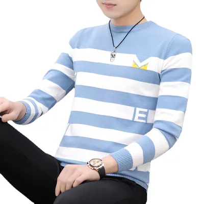Men's Round Neck Striped Sweater Trend Slim Simple Knitted Sweater