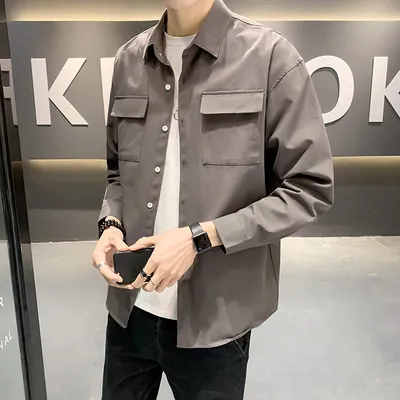 Solid Color Fashion Men's Long-sleeved Loose Two-pocket Shirt