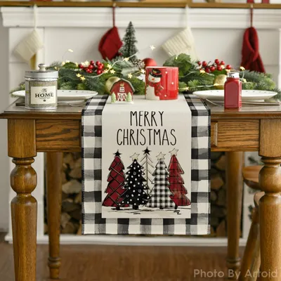 Christmas Trees Merry Xmas Table Runner, Seasonal Winter Holiday Kitchen Dining Table Decoration