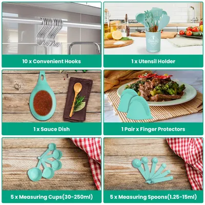 4 Colors Options -- Set Of 35Pcs Kitchen Cooking Utensils Set Spatula Set Baking Utensil Set Kitchen Accessories Necessities With Holder Egg Whisk Separator Tong Turner Spoons Cups